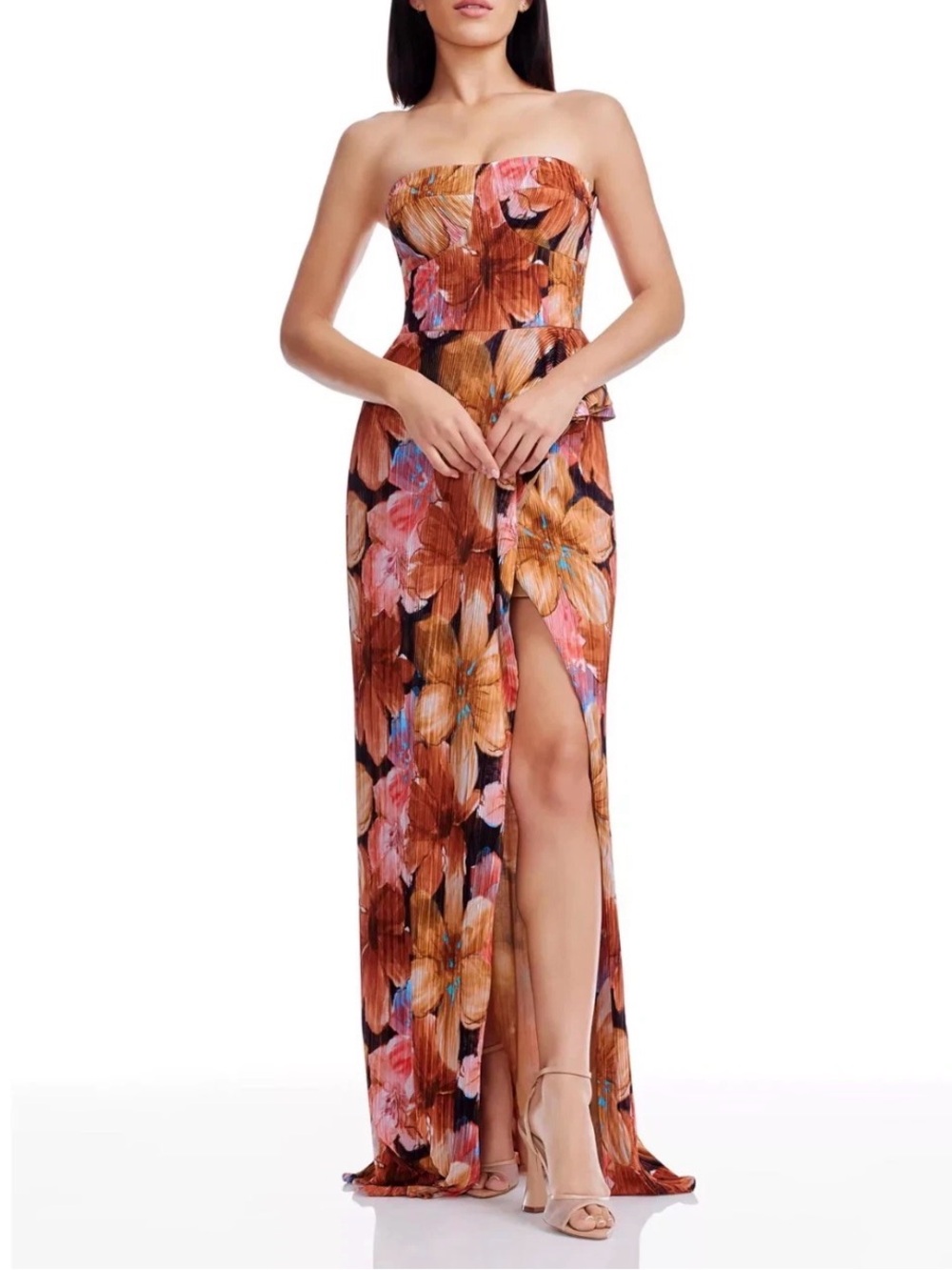 Dress the Population Strapless Floral Column Gown in Brown and Pink